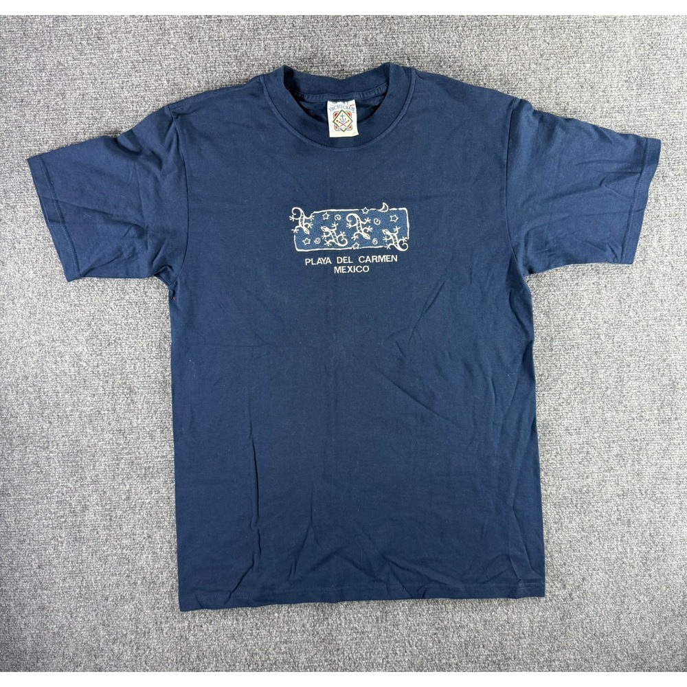 Yacht Club Playa Del Carmen Mexico Gecko Embroidered Navy Blue T-Shirt Mens M